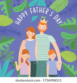 happy father´s day card with family cartoon and children at home. vector illustration