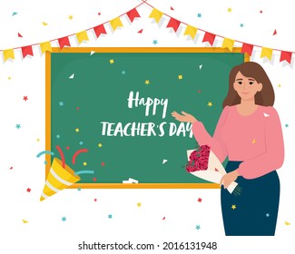 Happy teacher’s Day card with female teacher near blackboard, clapper and glitter. Vector illustration in flat style