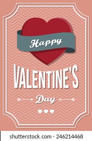 Happy Valentine´s Day card, label, poster with heart, ribbon, arrows, decoration and background. Vintage style, vector illustration.