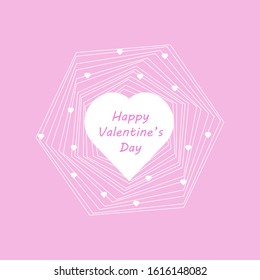 Happy Valentine’s day card with a light purple background and white polygons with a white hearts and big heart with lettering in the middle. Vector illustration