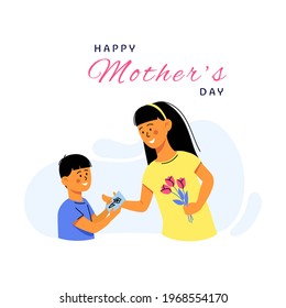 Happy mother’s day card. Little son present a card to mother. Vector Illustration
