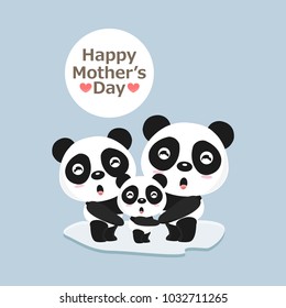 Happy mother’s day card. Mom and baby panda cartoon.