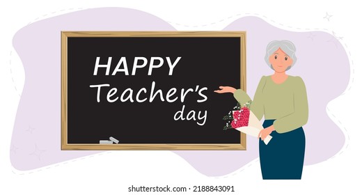 Happy teacher’s Day card with old teacher near blackboard. Vector illustration in flat style