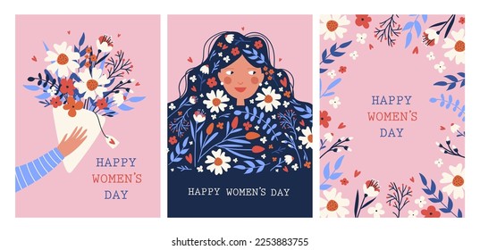  Happy Woman’s Day card set with flowers. Vector illustrations