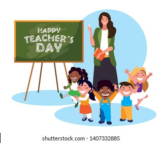 happy day card with teacher female and students