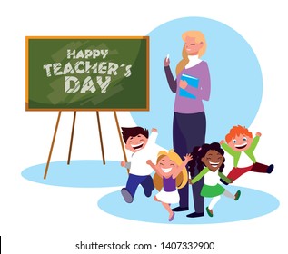 happy day card with teacher female and students