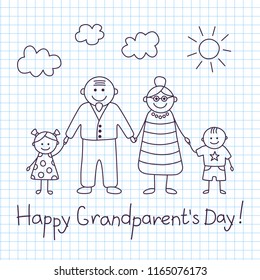 Happy grandparent’s day. Card with text. Сage sheet Grandmother, grandfather and grandchildren. Vector illustration in cartoon style