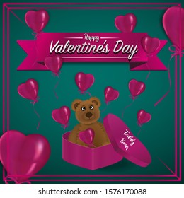 Happy Valentine’s Day celebrating background. realistic heart balloon, gift box, teddy bear. Vector illustration greeting card, love flyer, lettering inspiration, romantic invitation poster and banner