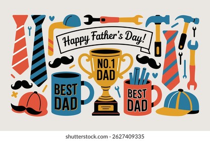 Happy Father’s Day Celebration Design with Tools and Trophy