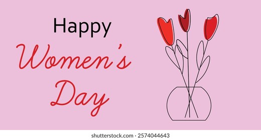 Happy Women’s Day Celebration with Flowers and Artistic Typography. Festive illustration celebrating Women’s Day, featuring vibrant red flowers and aesthetic typography on a pink background.