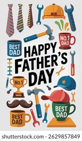 Happy Father’s Day Celebration Graphic with Tools and Trophies