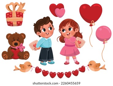 Feliz Día de San Valentín. Caricatura niña y niño pequeño sostienen tarjetas de felicitación de amor. Aves, globos con forma de corazón, oso de peluche, pájaros, caja de regalo, tarjeta de saludo de amor. Impresión pegatina.