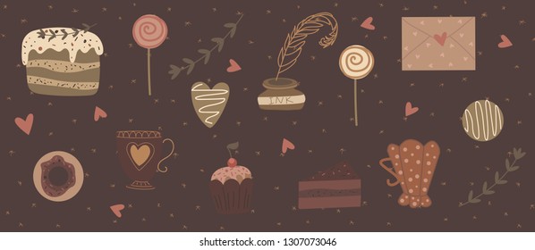 Happy Valentine’s Day collection of cute objects. Valentines Day card set of elements: heart, love letter, lollypop, candy, sweets, cookies, cake, ink, feather. Vector illustration for flyer, banner