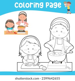 Happy Mother’s Day colouring sheet. Mothers day coloring pages. Easy and simple colouring page for kids. Mother cooking a meal with her little daughter.