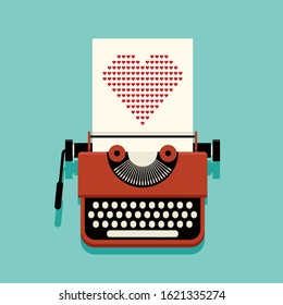 Happy valentine’s day concept decorative with typewriter and paper of heart. Graphic design element can be used for poster, backdrop, publication, brochure, banner, vector illustration