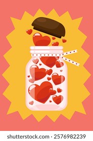 Happy valentine’s day concept with hearts in glass jar flat design style background. Design element can be used for poster, postcard, print, backdrop, brochure, banner, vector illustration