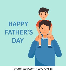 Happy Father’s Day concept vector illustration. Dad carry his son on shoulder in flat design.