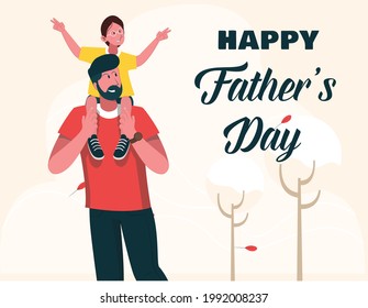 Happy Father’s Day concept vector illustration. Dad carry his son on shoulder