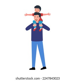 Happy Father’s Day concept vector illustration. Dad carry his son on shoulder in flat design.