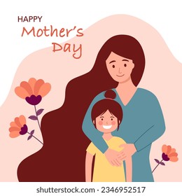 Happy mother’s day concept vector illustration. Mom hugging her daughter in flat design.