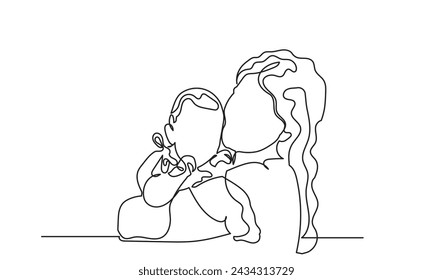 Happy Mother’s Day continuous line drawing of Mom hugging her child. women holding her baby motherhood concept. vector illustration.
