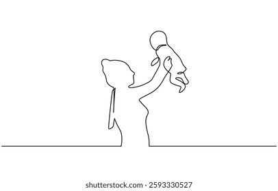 Happy Mother’s Day continuous line drawing of Mom playing with her baby, Mother holding her male child up in the air. Black linear sketch isolated on white background.