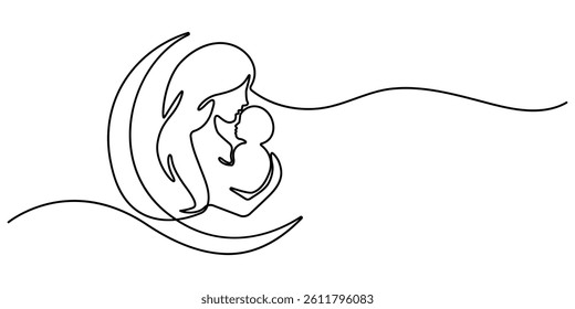 Happy Mother’s Day continuous line drawing of Mom playing with her baby. Mother and baby line art vector illustration. women holding her baby motherhood concept. 