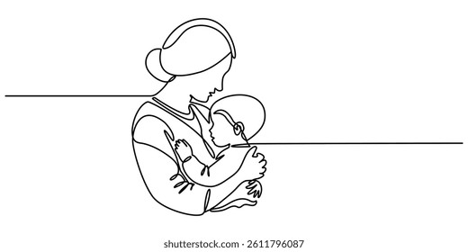 Happy Mother’s Day continuous line drawing of Mom playing with her baby. Mother and baby line art vector illustration. women holding her baby motherhood concept. 