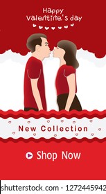 Happy valentine’s day. Couple are kissing on red background.  Vector valentine’s day new collection poster or banner design template. 