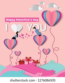 Happy valentine’s day. Happy couple kissing on pastel colour abstract background. Paper cut background design for valentine’s day festival. Love concept, card, banner, poster, intivation.