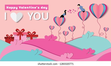 Happy valentine’s day. Happy couple kissing on pastel colour abstract background. Paper cut background design for valentine’s day festival. Love concept, card, banner, poster, intivation.