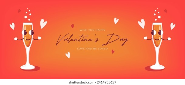 Happy Valentine’s Day Creative Background. Groovy Champagne Glass Characters. Greetings and Celebration of 14 February. Vector Love Illustration with hearts and creative love font.