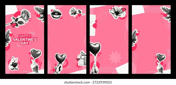 Plantilla de historias creativas de Feliz Día de San Valentín con corazones pixelados y Elementos retro sobre fondo rosa para redes sociales o tarjeta de felicitación.