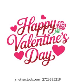 Tipografía rizada del script del día de San Valentín feliz con los iconos del corazón en el fondo blanco
