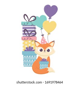 happy day, cute fox with gift boxes balloons decoration vector illustration