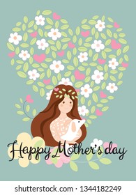 Happy mother’s day with cute girl holding dog on flowers and leaves in heart shape background  Vector cartoon flowers with calligraphy Happy mother’s day on floral background 