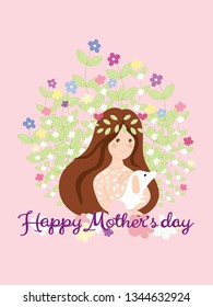 Happy mother’s day with cute girl holding dog on flowers and leaves in heart shape background  Vector cartoon flowers with calligraphy Happy mother’s day on floral background 