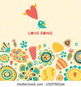 Happy day. Cute postcard. Funny greeting card with colored design elements. Vector illustration