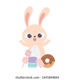 feliz día, conejo lindo con macarons e ilustración vectorial de donut