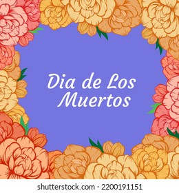 Happy Day of the Dead (Dia de los muertos) quote with orange and yellow marigold frame on purple background. Spanish ethnic carnival background.