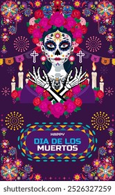 feliz Dia dos mortos, Dia de los muertos, crânio de açúcar com grinalda de flores de calêndula em fundo roxo. ilustração vetorial