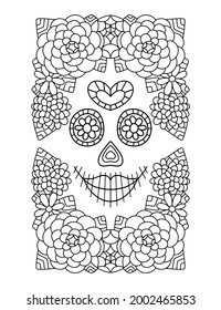 Happy Day of the Dead skull and flowers coloring page for adults vector illustration. Hand-drawn flower wreath and smiling face silhouette