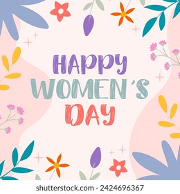 Fondo decorativo del Día de la Mujer Feliz. Texto dibujado a mano con elementos florales. Colorida ilustración vectorial moderna. Para redes sociales, publicaciones, banners, tarjetas, etc.