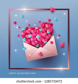 Happy Valentine’s Day Design banner, greeting card, poster. Vector illustration of love mail message. Opened envelope full of origami hearts of blue and pink color, forming a big heart. Paper art