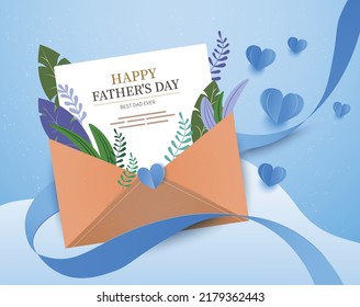 Happy Father’s Day design with blue envelope filled with various flowers with text Happy Fathers Day. Flat lay. Love concept.