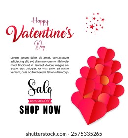 Happy Valentine’s Day design. Valentine’s day discount sale offer. Happy Valentine’s Day holiday greeting card, poster, banner, cover and romantic background. An eye-catching romantic heart shape art.