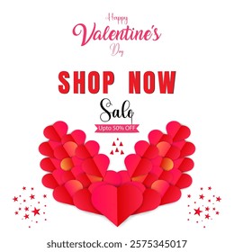 Happy Valentine’s Day design. Valentine’s day discount sale offers background design. Happy Valentine’s Day holiday greeting card, poster, banner, cover and romantic heart shape background view. 