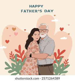  A Happy Father’s Day design featuring an adult daughter hugging her elderly father against a light heart-themed background, symbolizing love, care, and gratitude for fathers