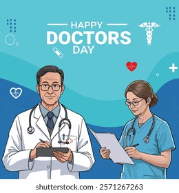 A Happy Doctors’ Day design featuring healthcare professionals in uniforms, holding medical charts and instruments, symbolizing their dedication and service to society