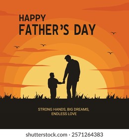 A Happy Father’s Day design featuring a silhouette of a father and child holding hands against an orange sunset background, symbolizing love, care, and the father-child bond